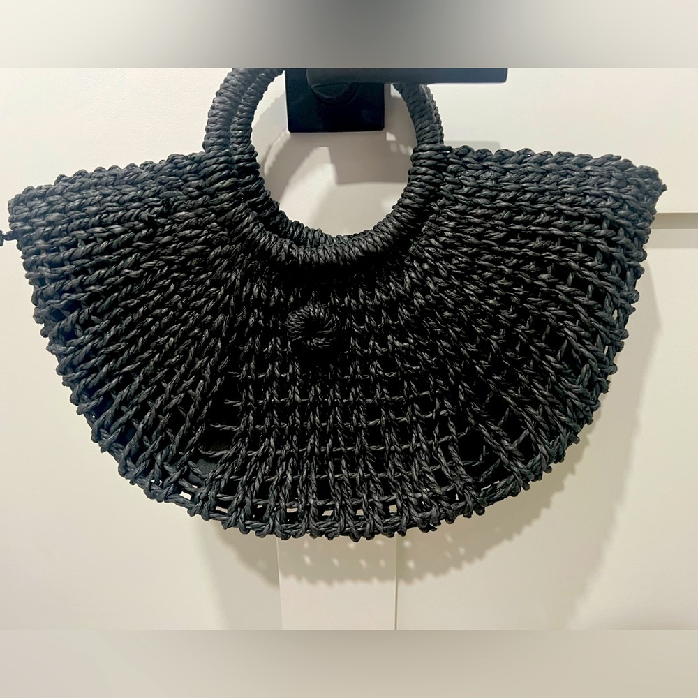 Woven straw handbag.  Black natural boho vacation medium tote.